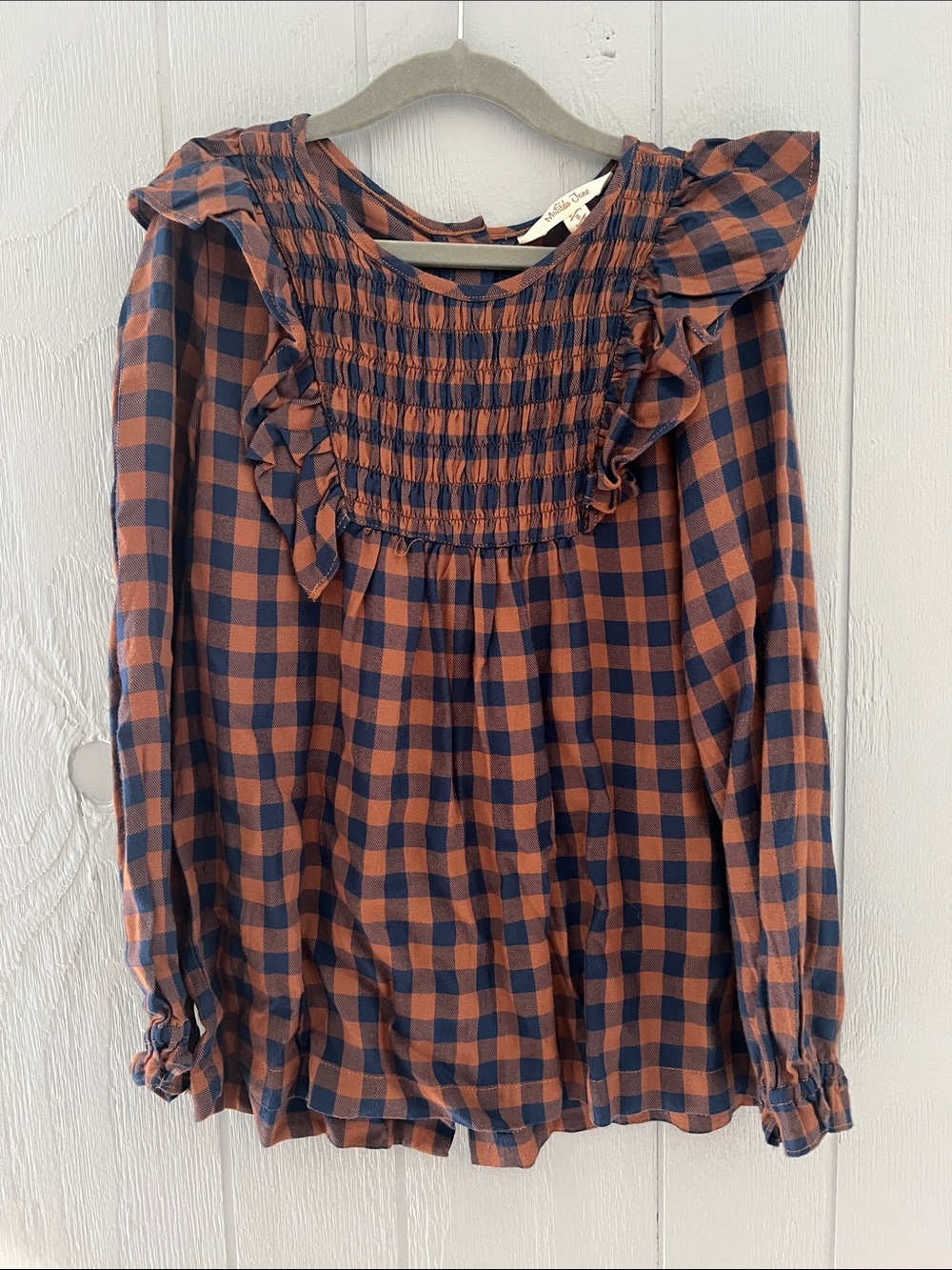 Matilda Jane Blouse Girls 8 Plaid Ruffle Smocked Yoke Blouse - Navy & Rust